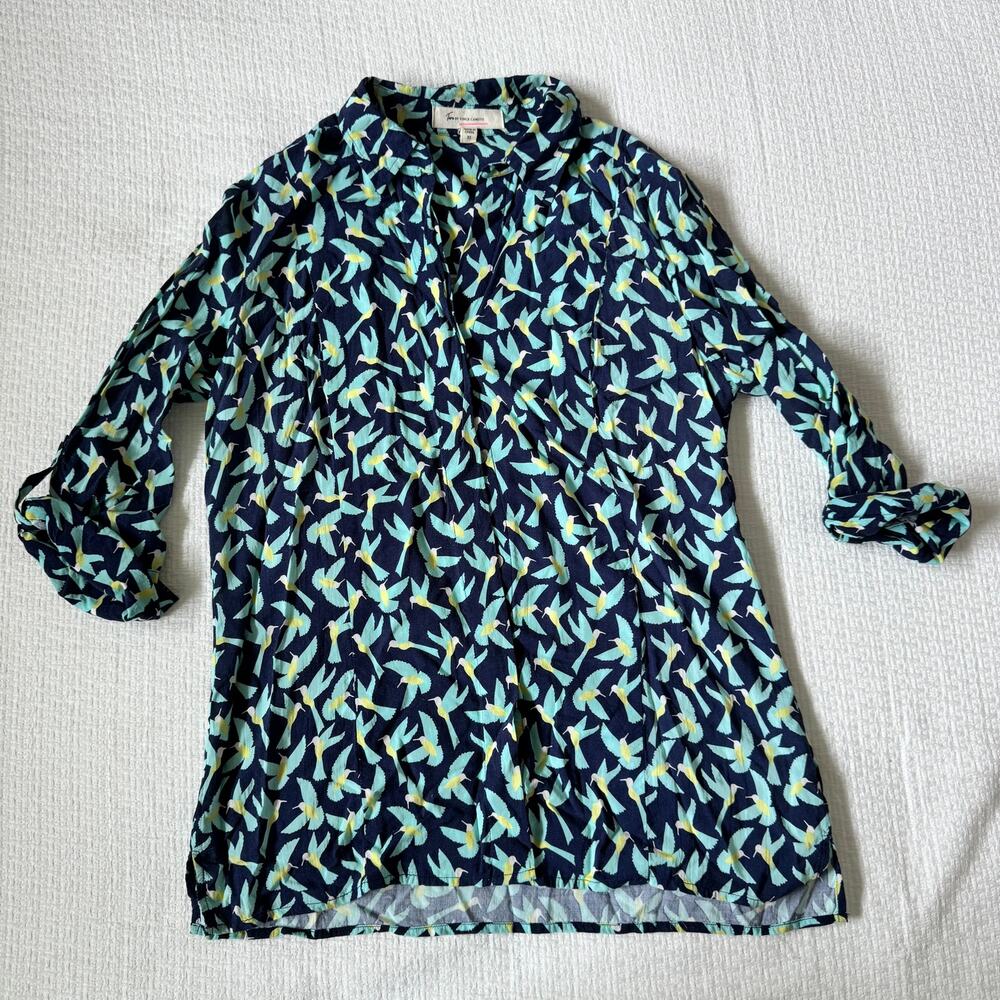 Turo by Vince Camuto Navy Blue Hummingbird Print Button Down Shirt Roll Tab XS